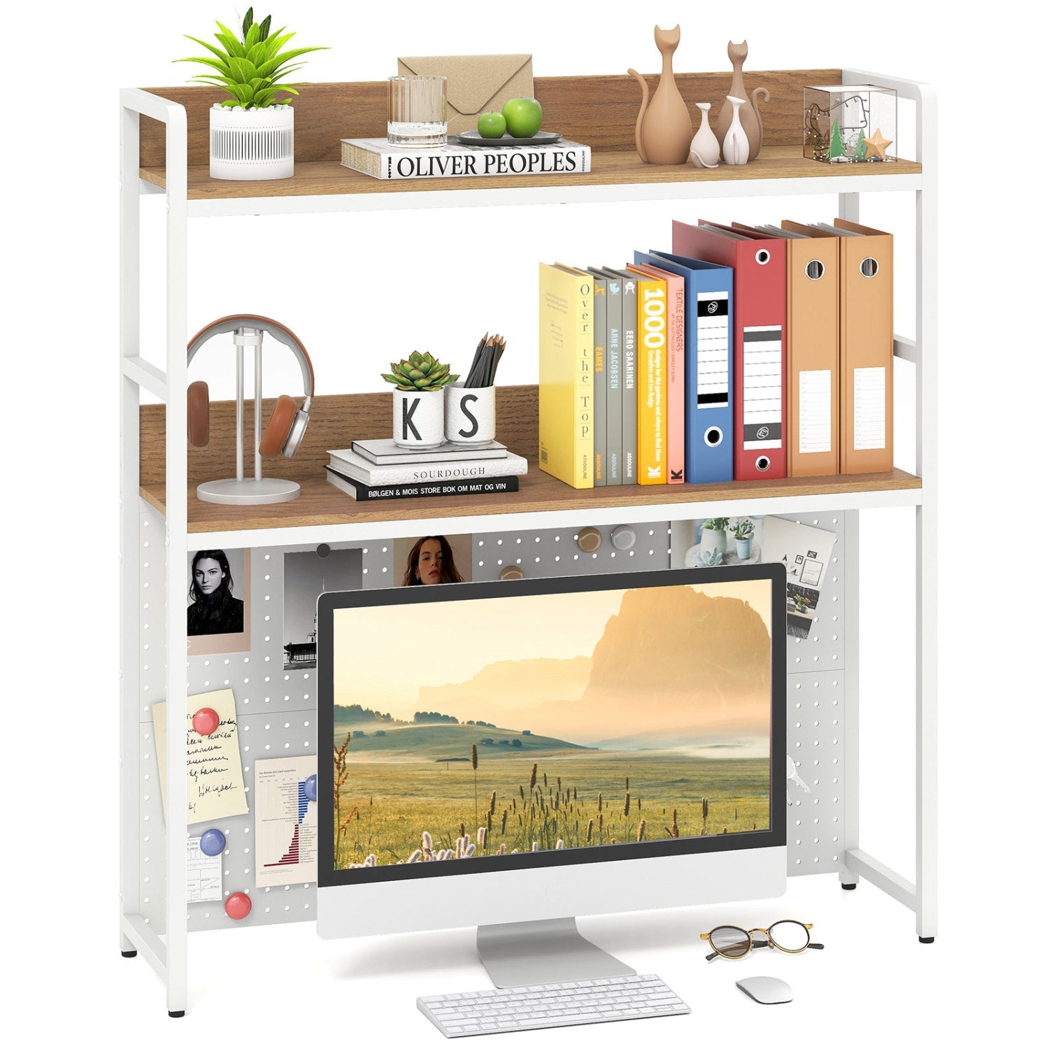 Multipurpose 2-Tier Desktop Bookshelf with Pegboard for up to 32 Inch Computer Monitor-Rustic Brown