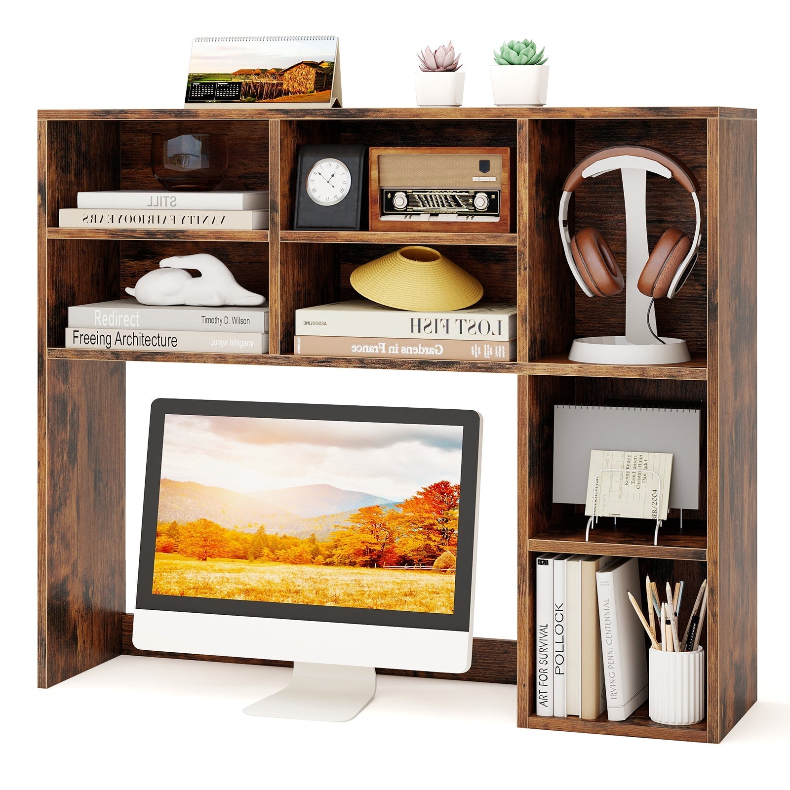 Desktop Bookshelf with 7 Open Cubbies and 3 Adjustable Shelves