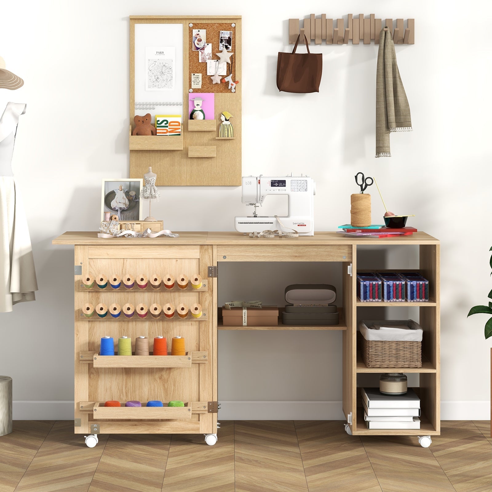 Multipurpose Folding Sewing Table Craft Station with Rattan Door-Natural