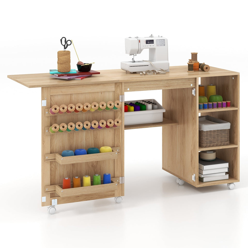 Multipurpose Folding Sewing Table Craft Station with Rattan Door-Natural