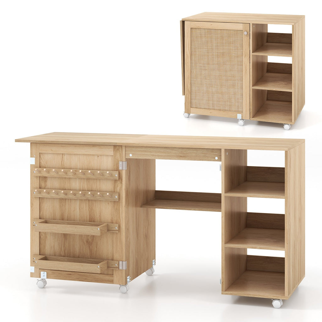 Multipurpose Folding Sewing Table Craft Station with Rattan Door-Natural