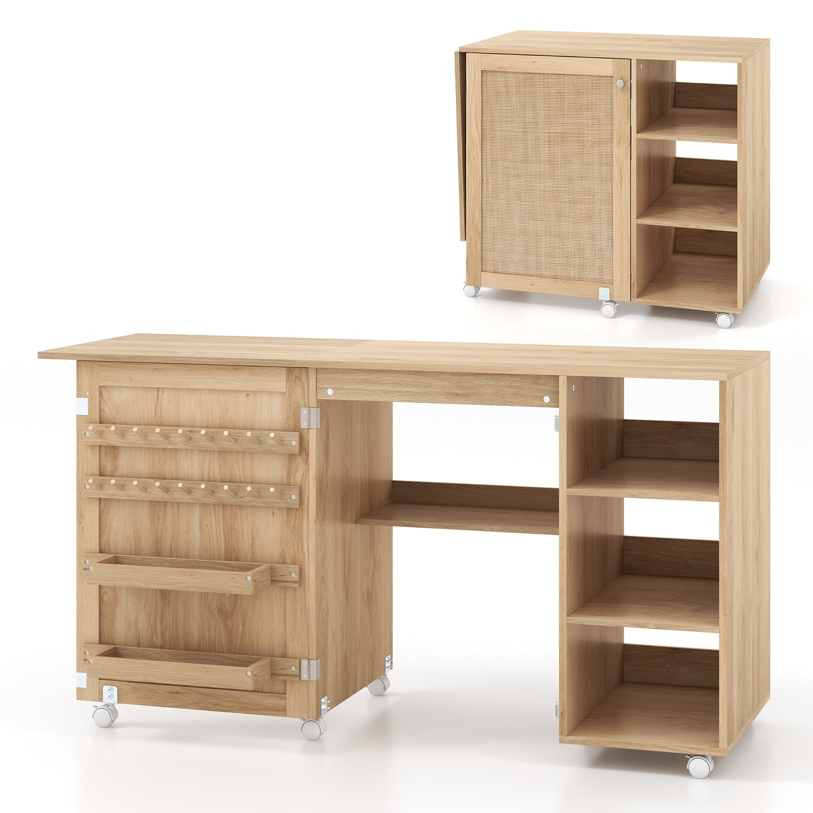 Multipurpose Folding Sewing Table Craft Station with Rattan Door-Natural