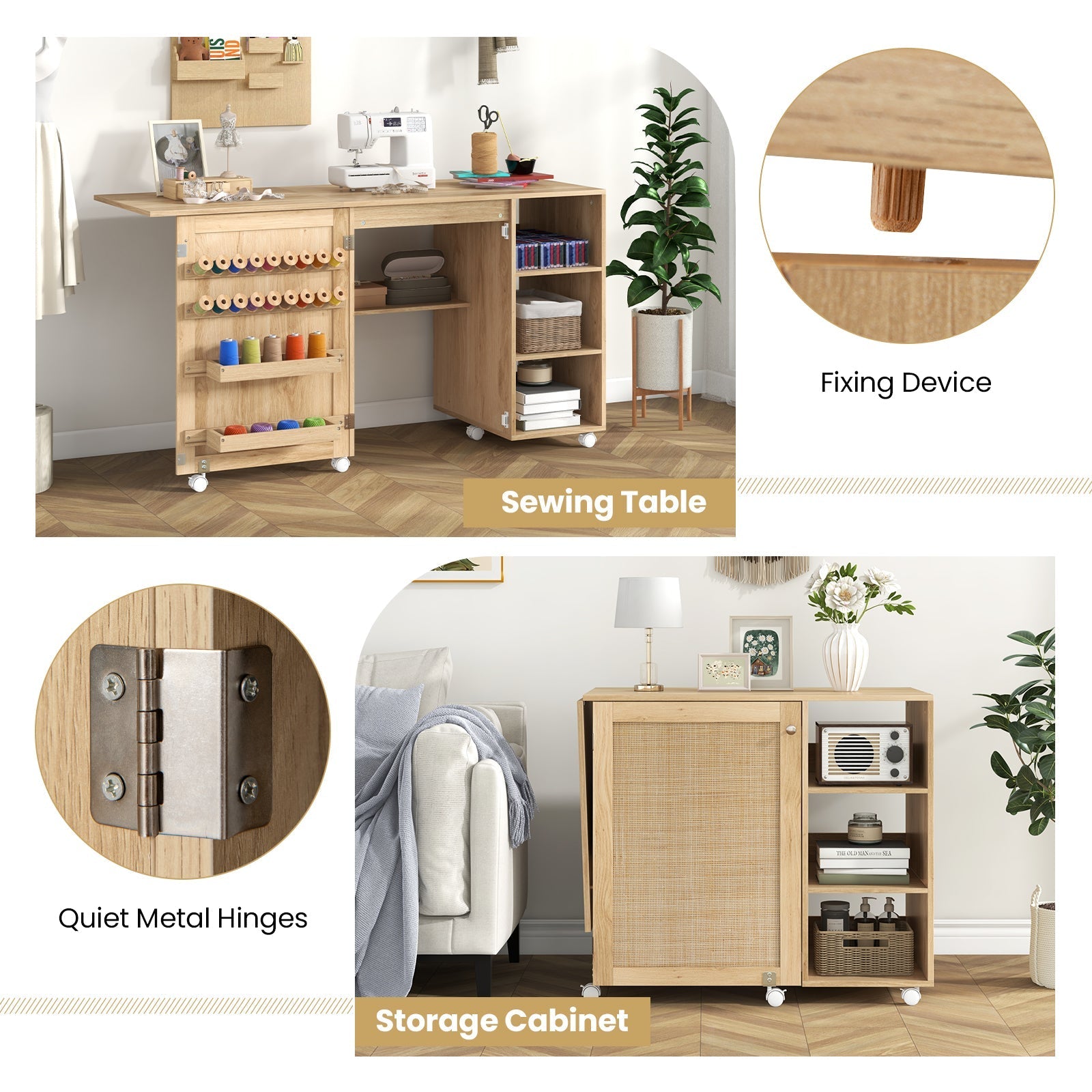 Multipurpose Folding Sewing Table Craft Station with Rattan Door-Natural
