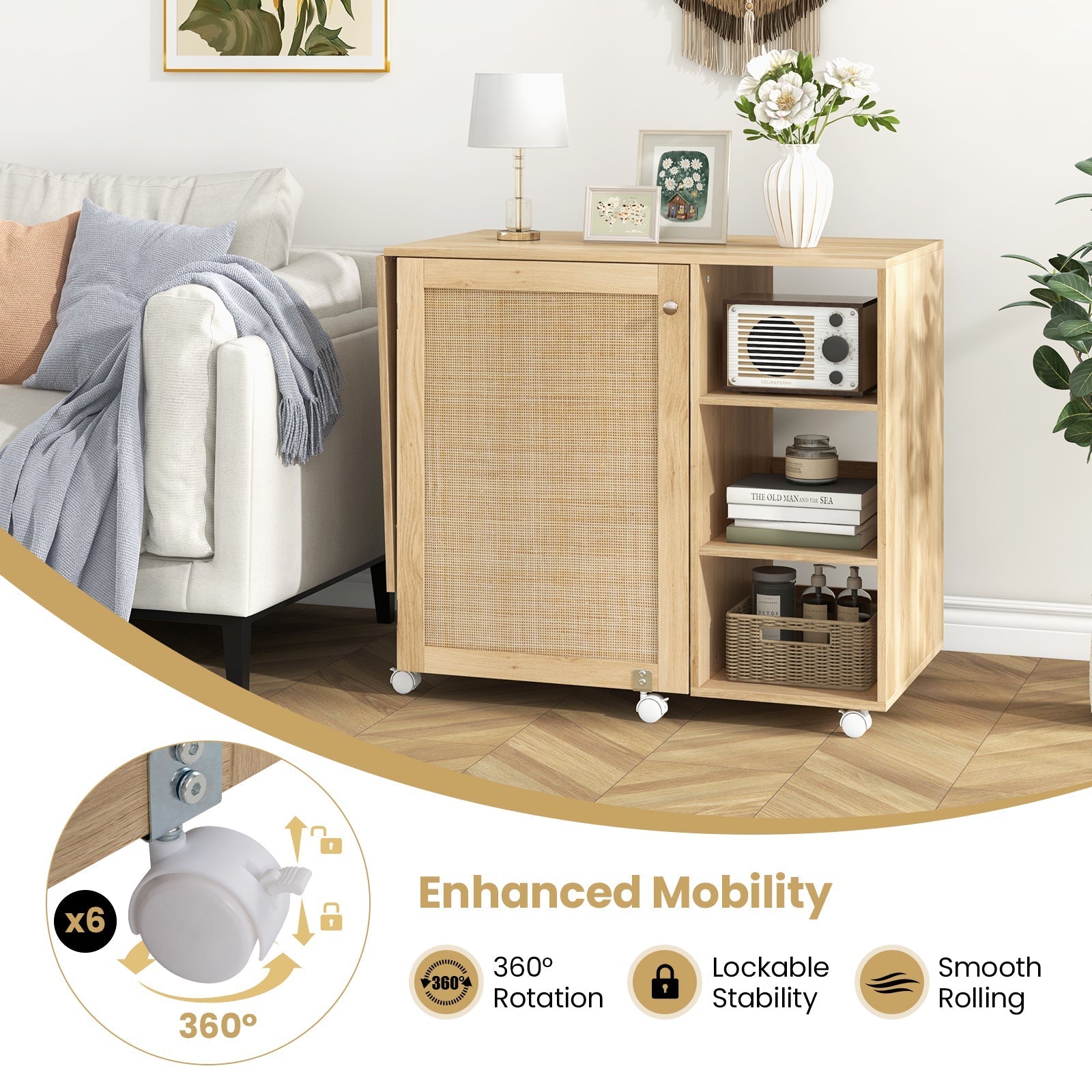Multipurpose Folding Sewing Table Craft Station with Rattan Door-Natural