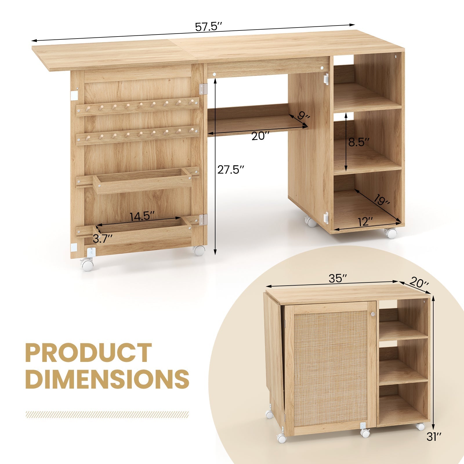 Multipurpose Folding Sewing Table Craft Station with Rattan Door-Natural