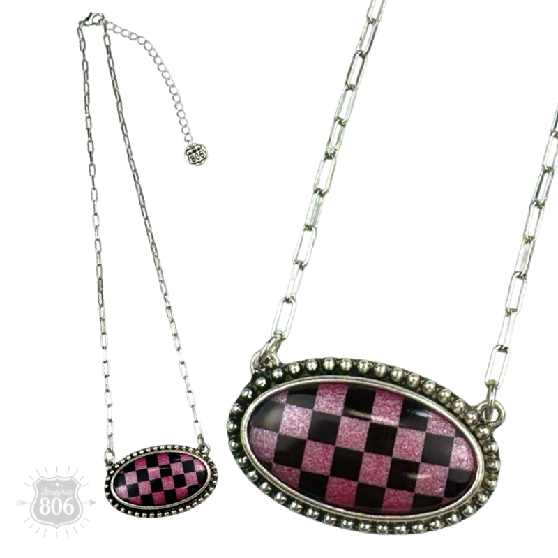 Checkerboard print oval pendant necklace