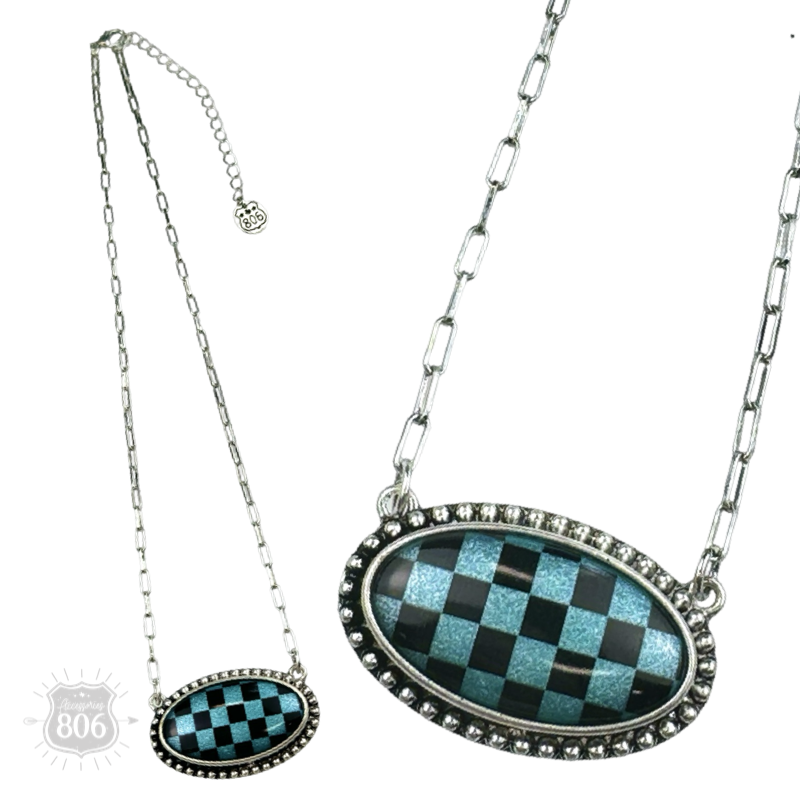 Checkerboard print oval pendant necklace