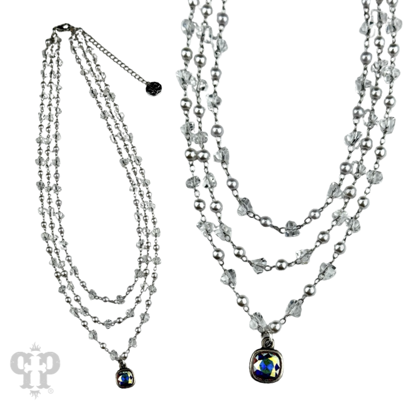 Three strand pearl and faceted acrylic bead necklace with crystals from Swarovski®