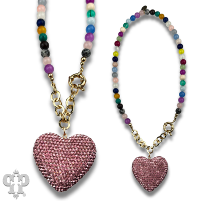Rhinestone heart pendant on multi-color bead necklace