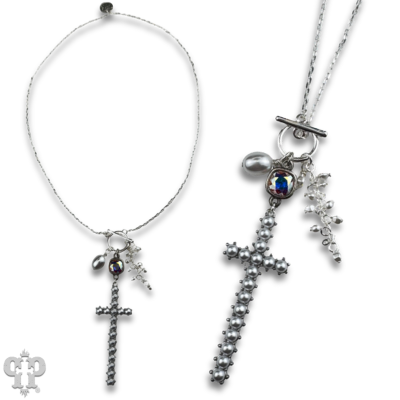 Pearl cross charm necklace with crystals from Swarovski®