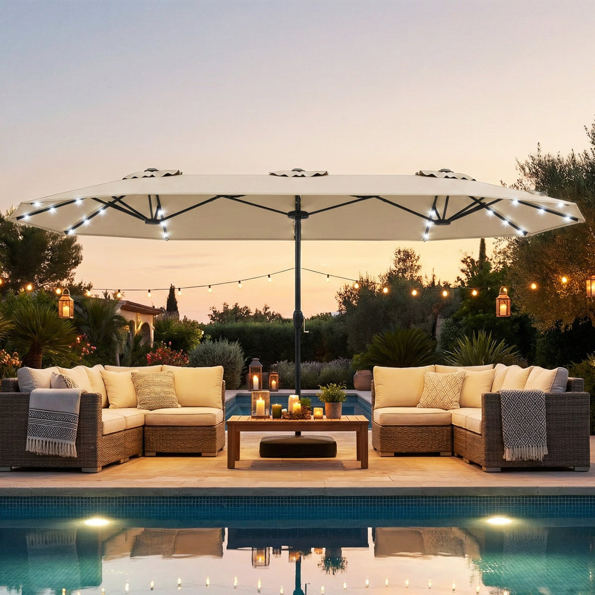 13FT Double-sided Patio Umbrella with Solar Lights for Garden Pool Backyard