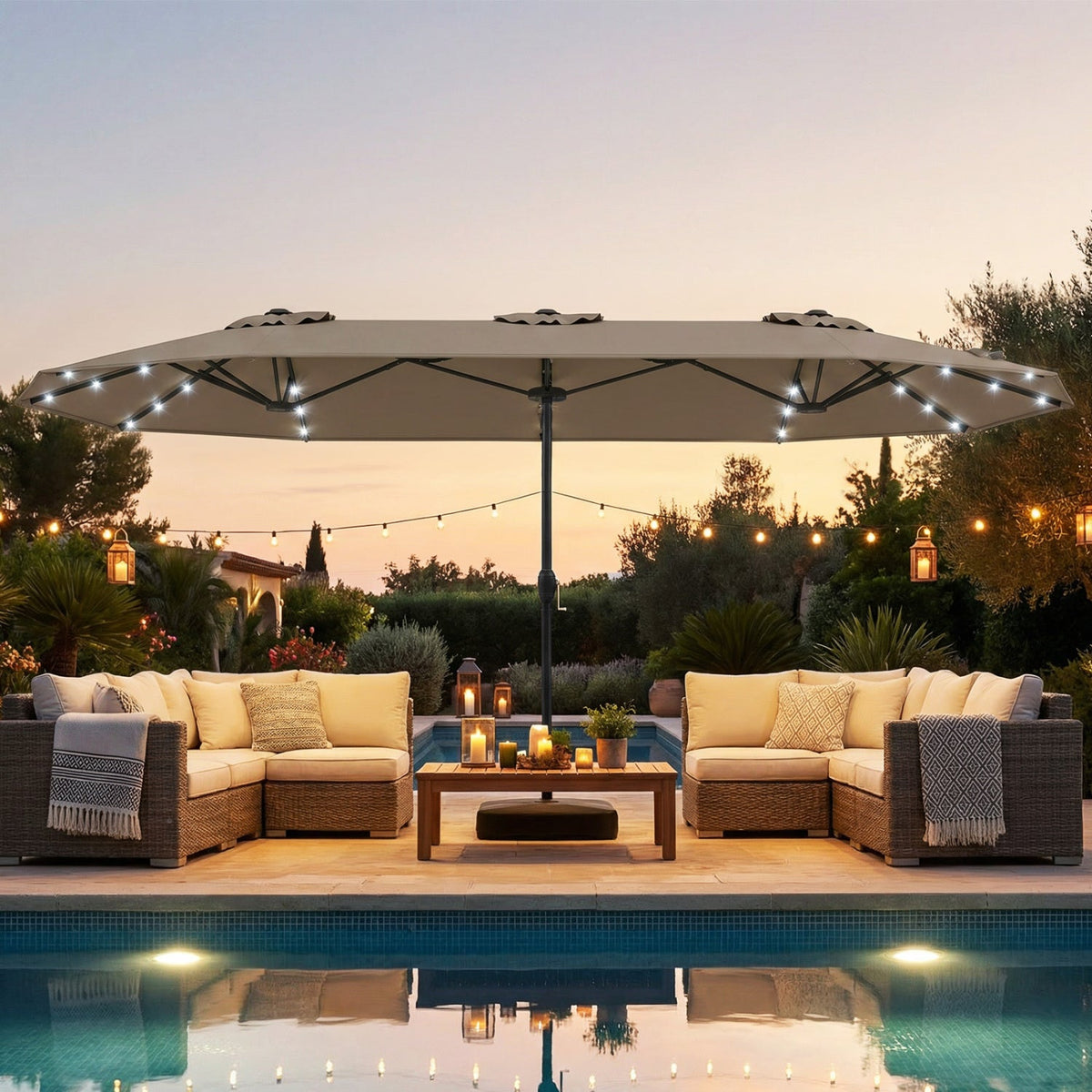 13FT Double-sided Patio Umbrella with Solar Lights for Garden Pool Backyard