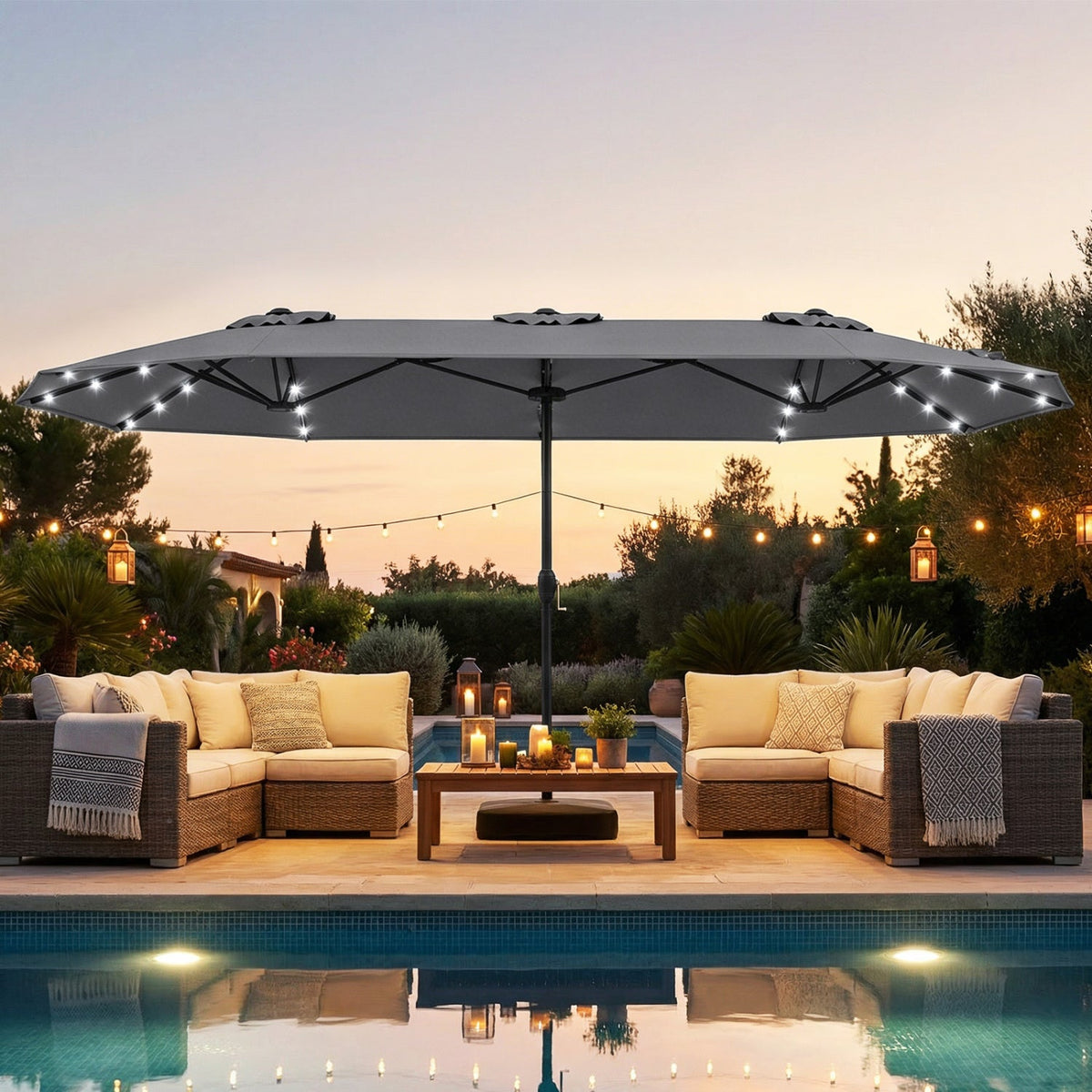 13FT Double-sided Patio Umbrella with Solar Lights for Garden Pool Backyard