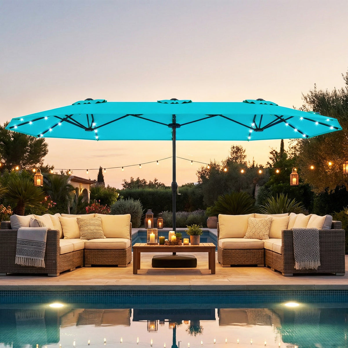 13FT Double-sided Patio Umbrella with Solar Lights for Garden Pool Backyard