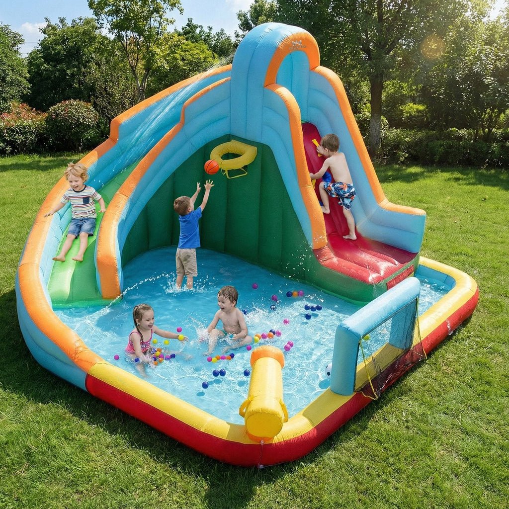 Inflatable Water Slide Park 6-in-1 Giant Bounce House with Long Slide Splash Pool Climbing Wall