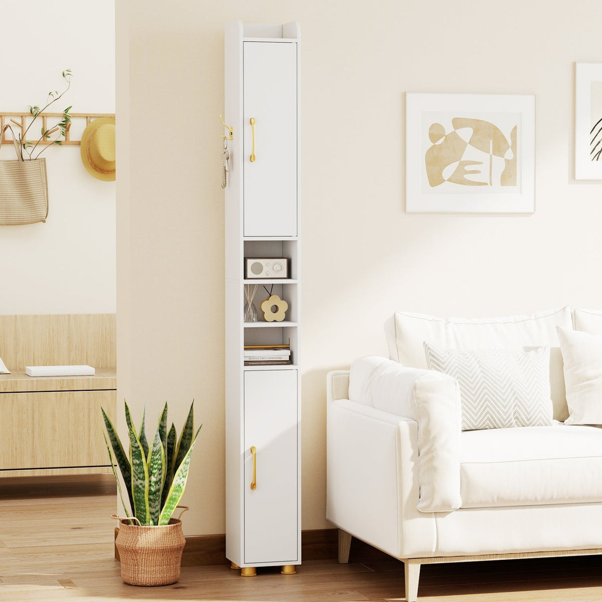Narrow Bathroom Storage Cabinet with Shelves & Paper Holder