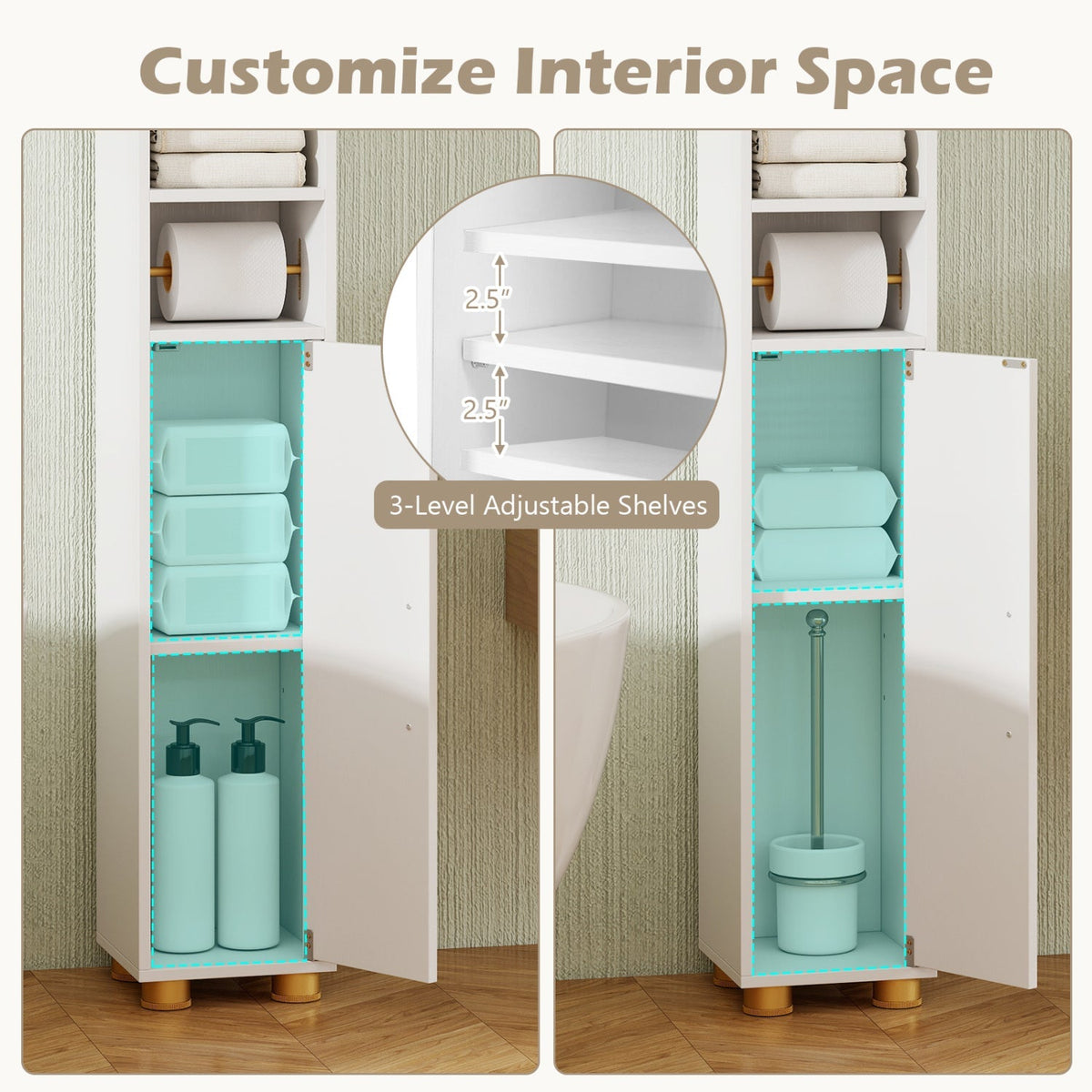 Narrow Bathroom Storage Cabinet with Shelves & Paper Holder