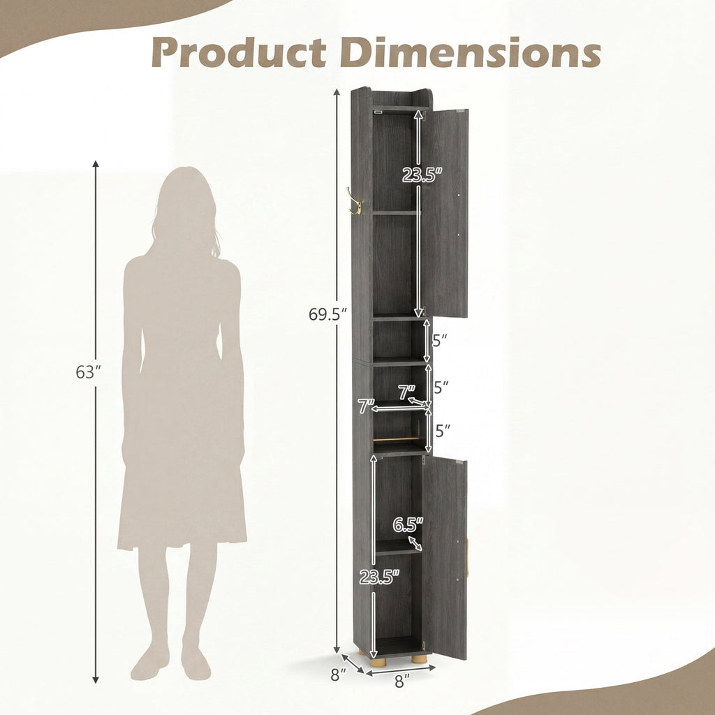 Narrow Bathroom Storage Cabinet with Shelves & Paper Holder