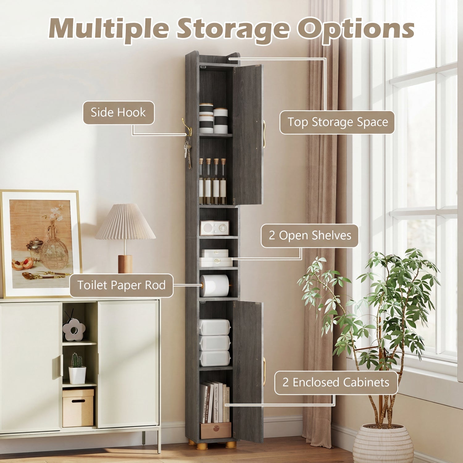 Narrow Bathroom Storage Cabinet with Shelves & Paper Holder