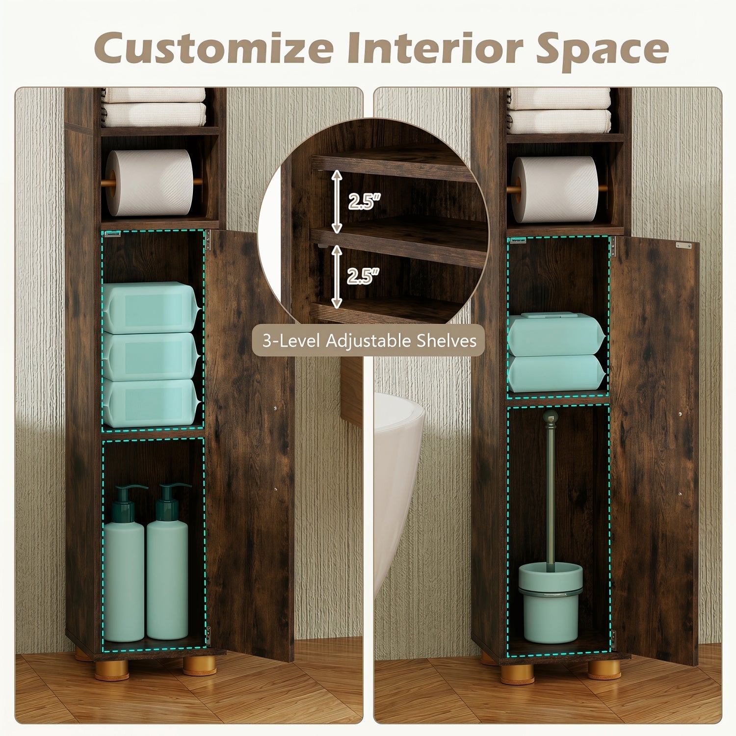 Narrow Bathroom Storage Cabinet with Shelves & Paper Holder