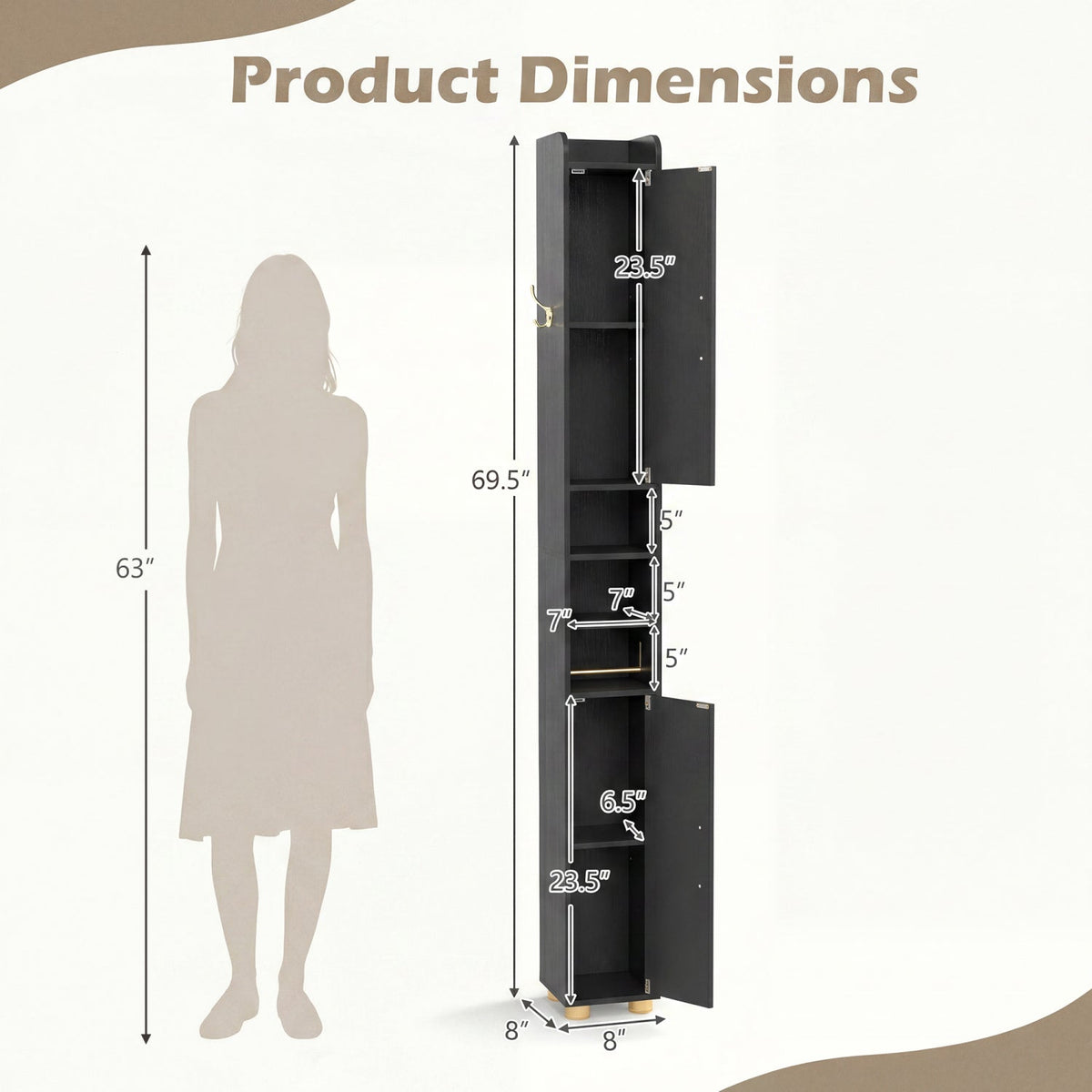 Narrow Bathroom Storage Cabinet with Shelves & Paper Holder