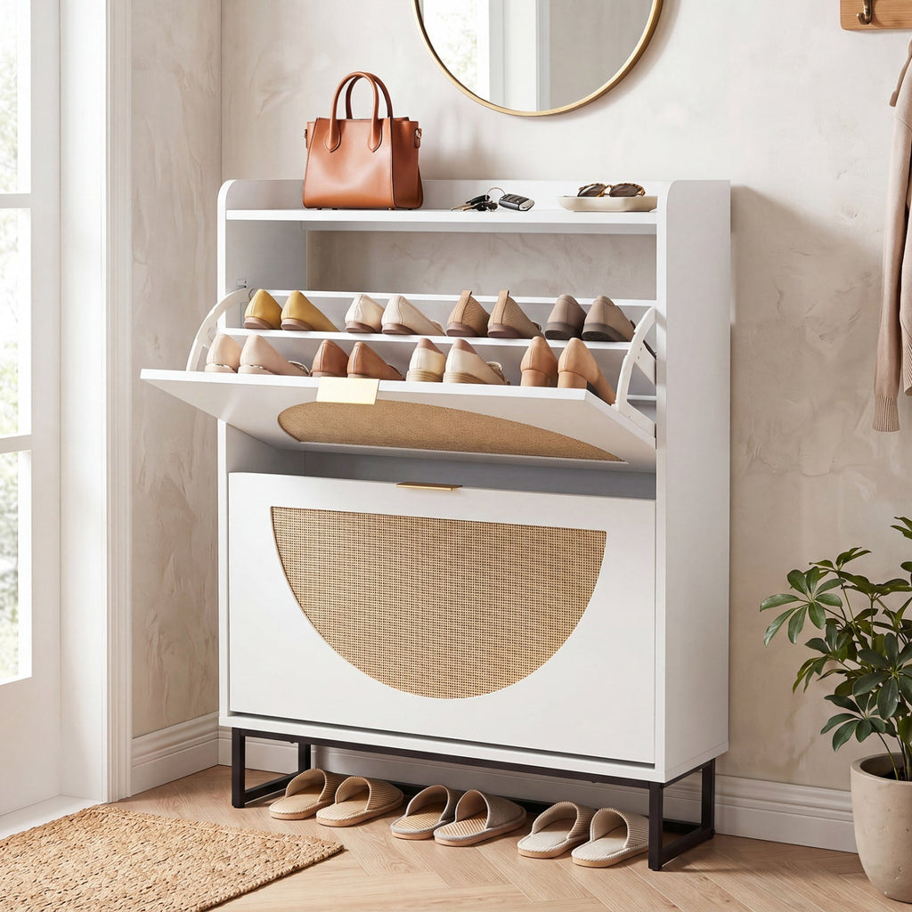 Narrow Shoe Storage Cabinet with Flip Drawers & Shelves