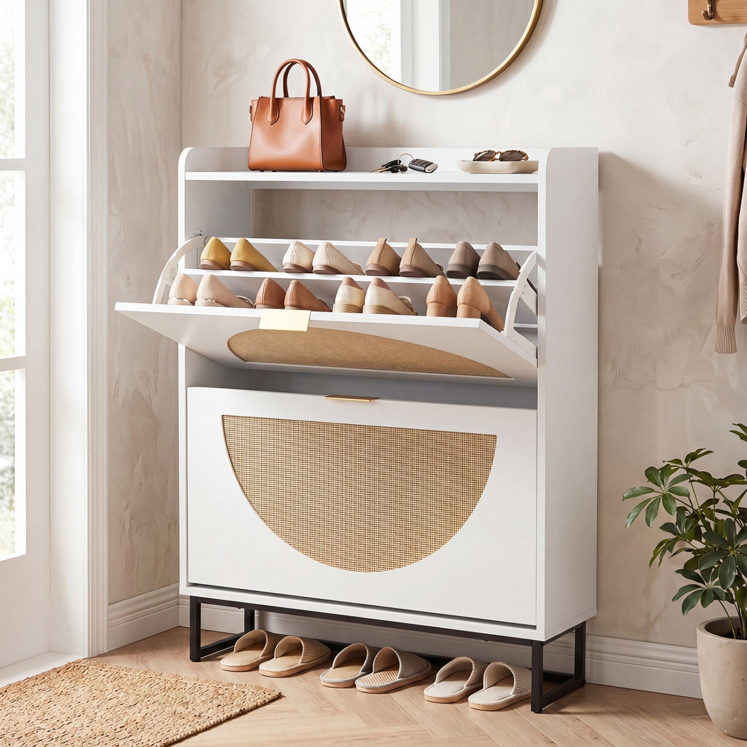 Narrow Shoe Storage Cabinet with Flip Drawers & Shelves