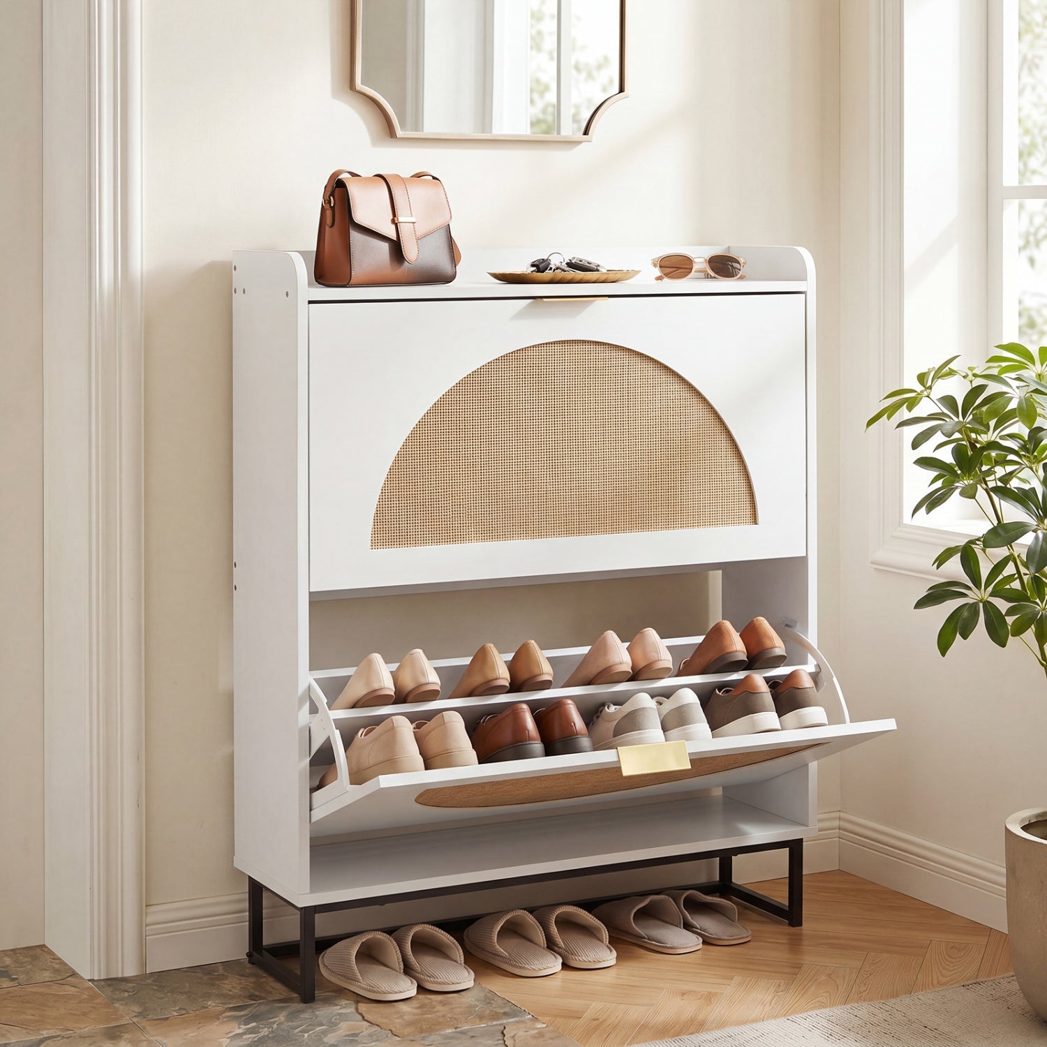 Narrow Shoe Storage Cabinet with Flip Drawers & Shelves