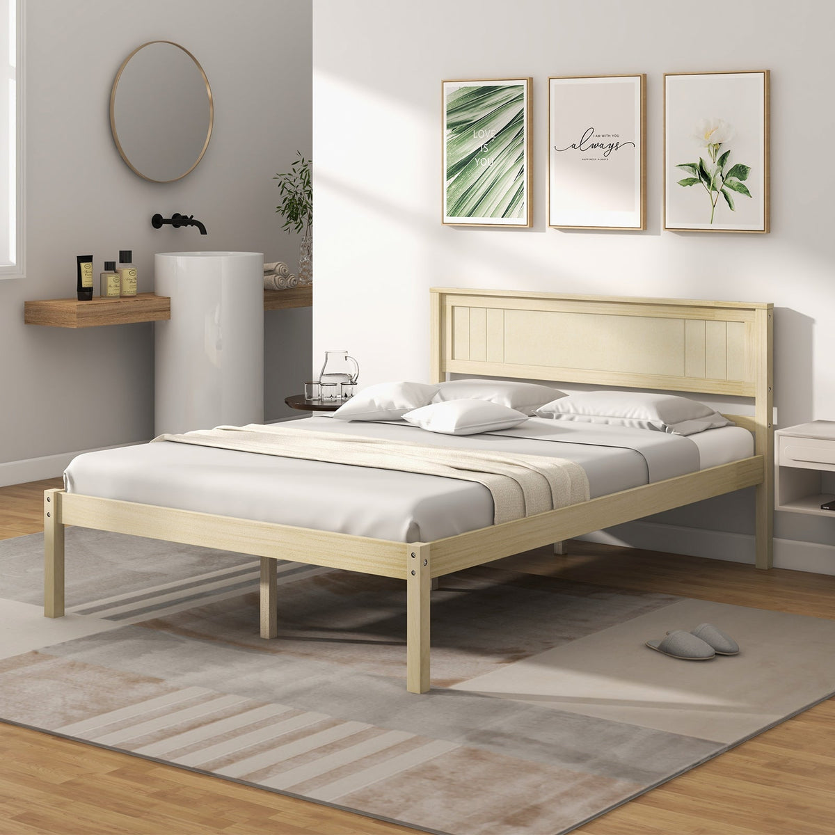 Twin/Full/Queen Size Wooden Bed Frame with Headboard and Slat Support