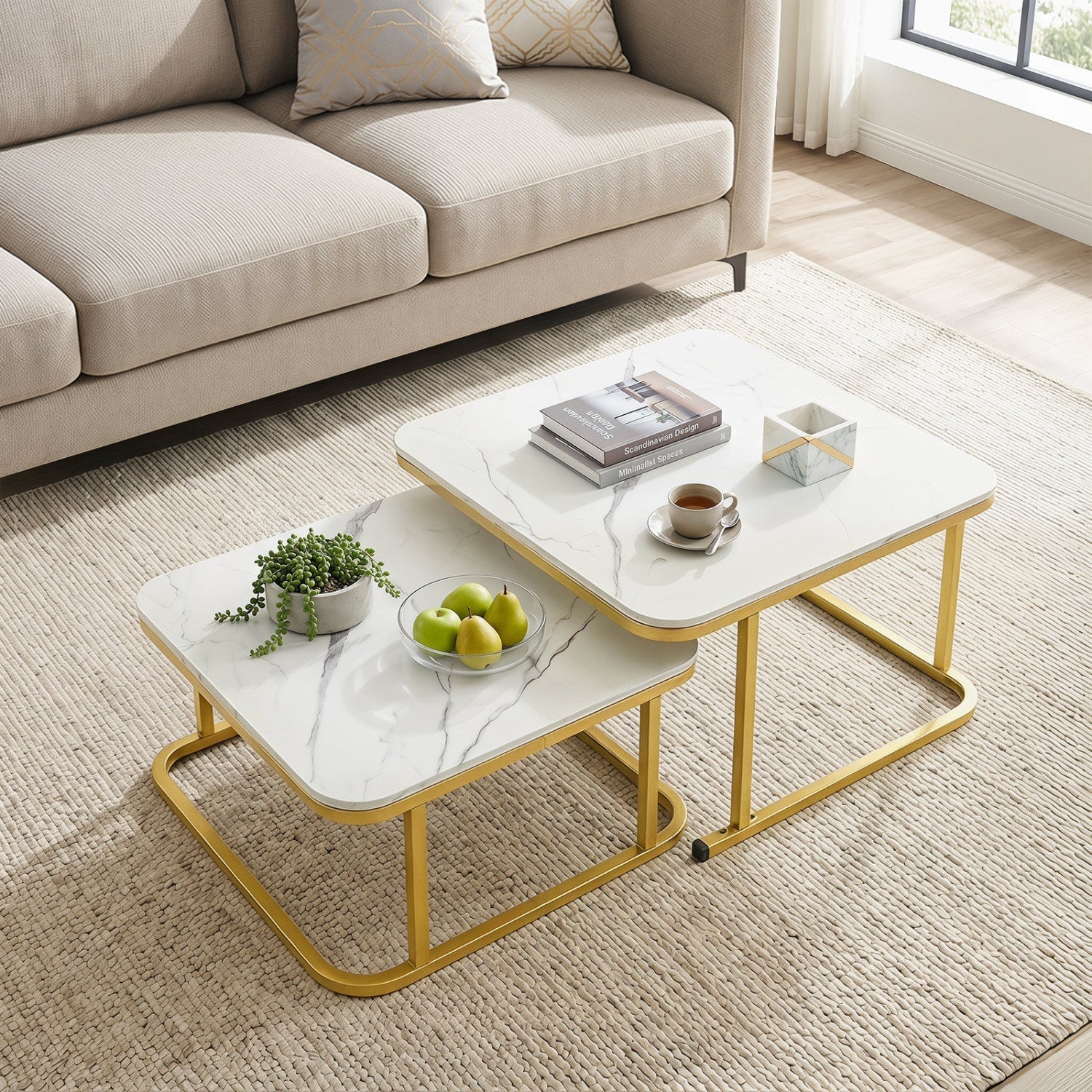 Nesting Coffee Table Set of 2 with Faux Marble Top