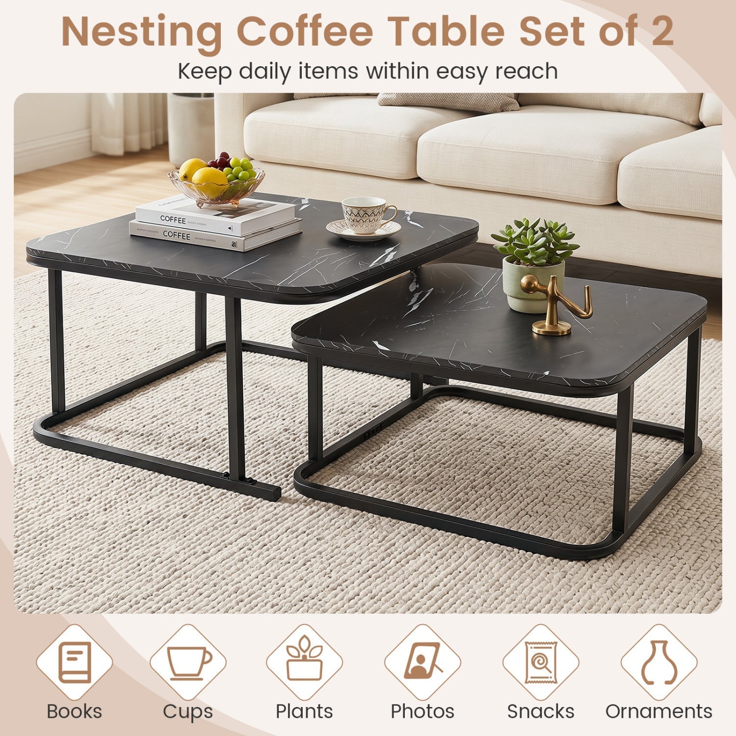 Nesting Coffee Table Set of 2 with Faux Marble Top
