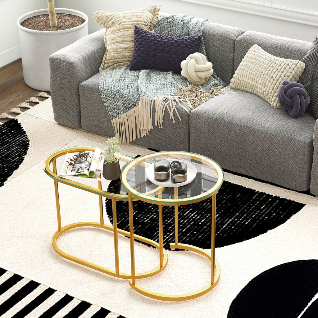 Nesting Coffee Table Set of 2 with Tempered Glass Tabletop-Golden