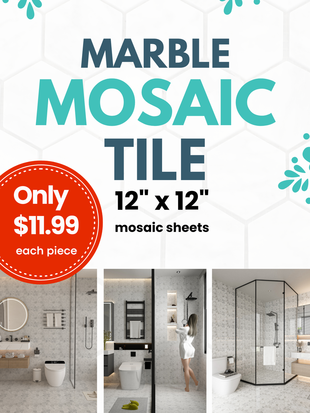 Calacatta White Hexagon Polished Marble Mosaic Tile – 12" x 12"