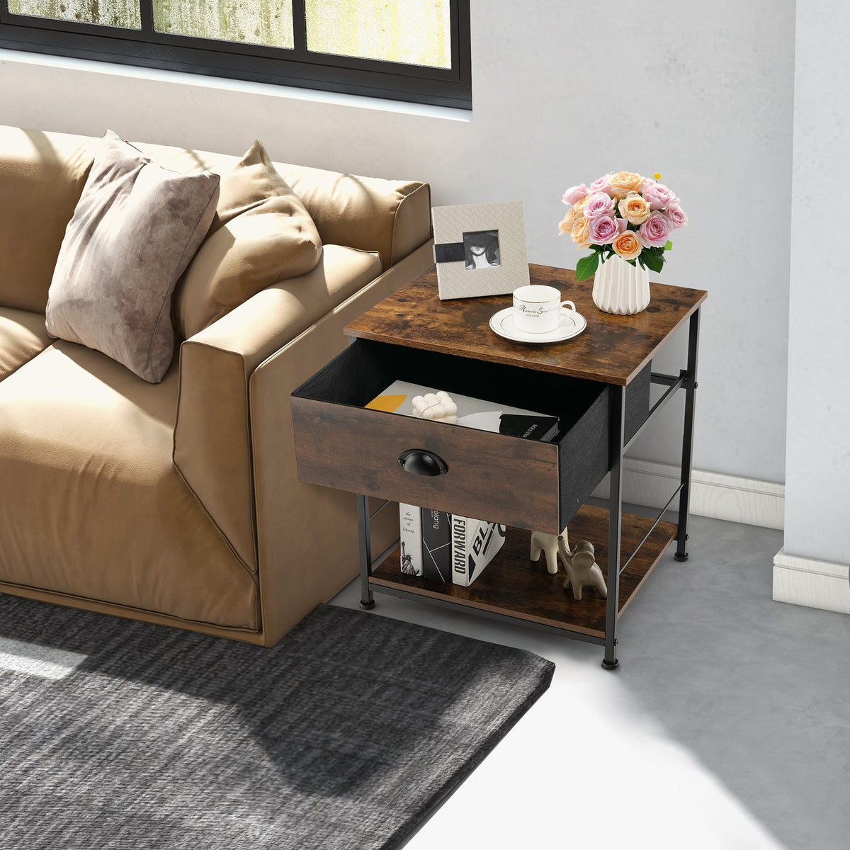 2 Tiers Nightstand with Open Storage Shelf for Living Room Bedroom