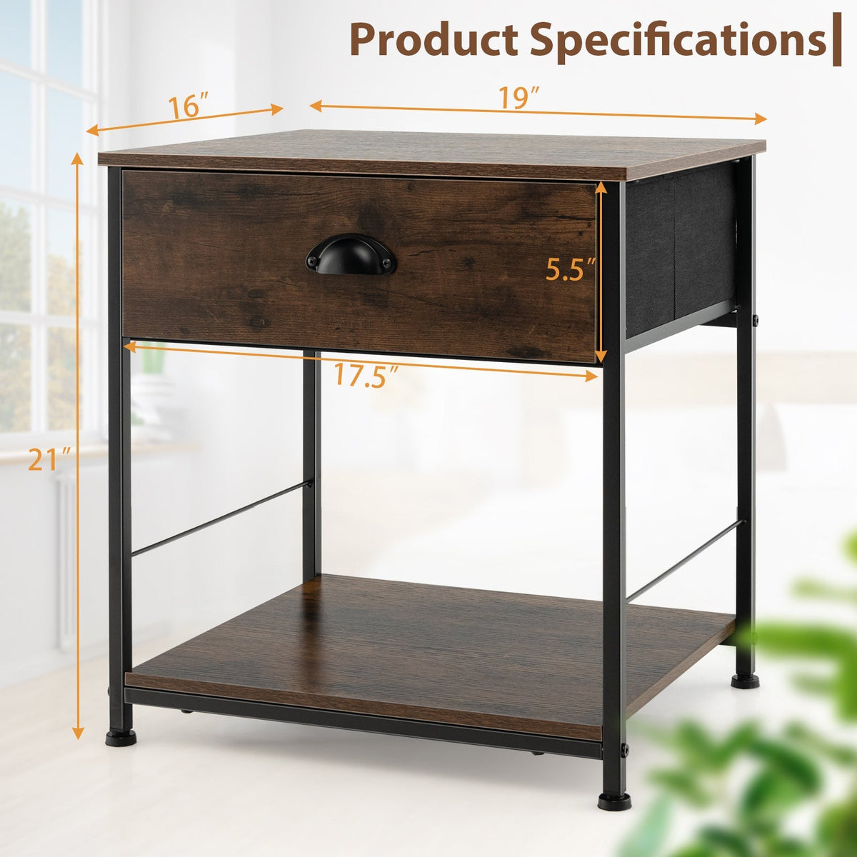 2 Tiers Nightstand with Open Storage Shelf for Living Room Bedroom