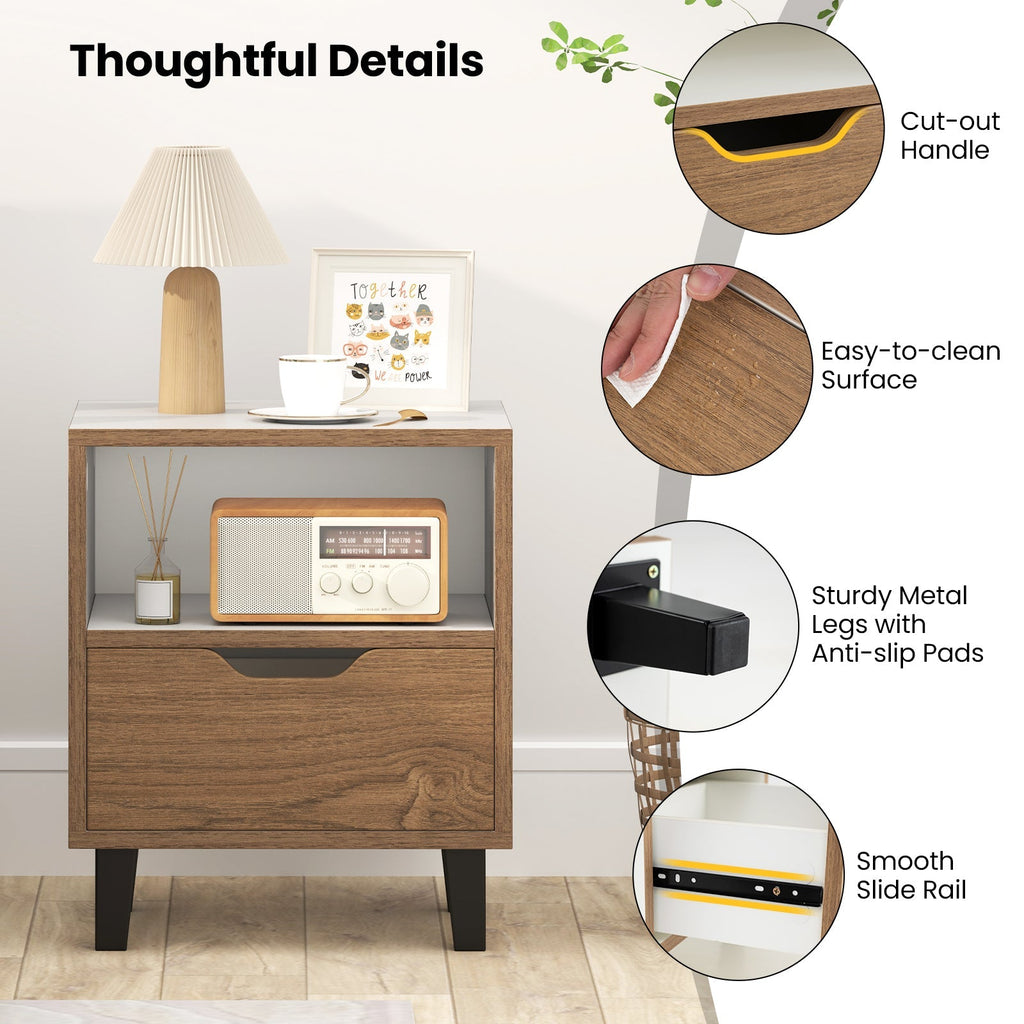 Nightstand with Drawer and Open Storage Shelf for Bedroom-White