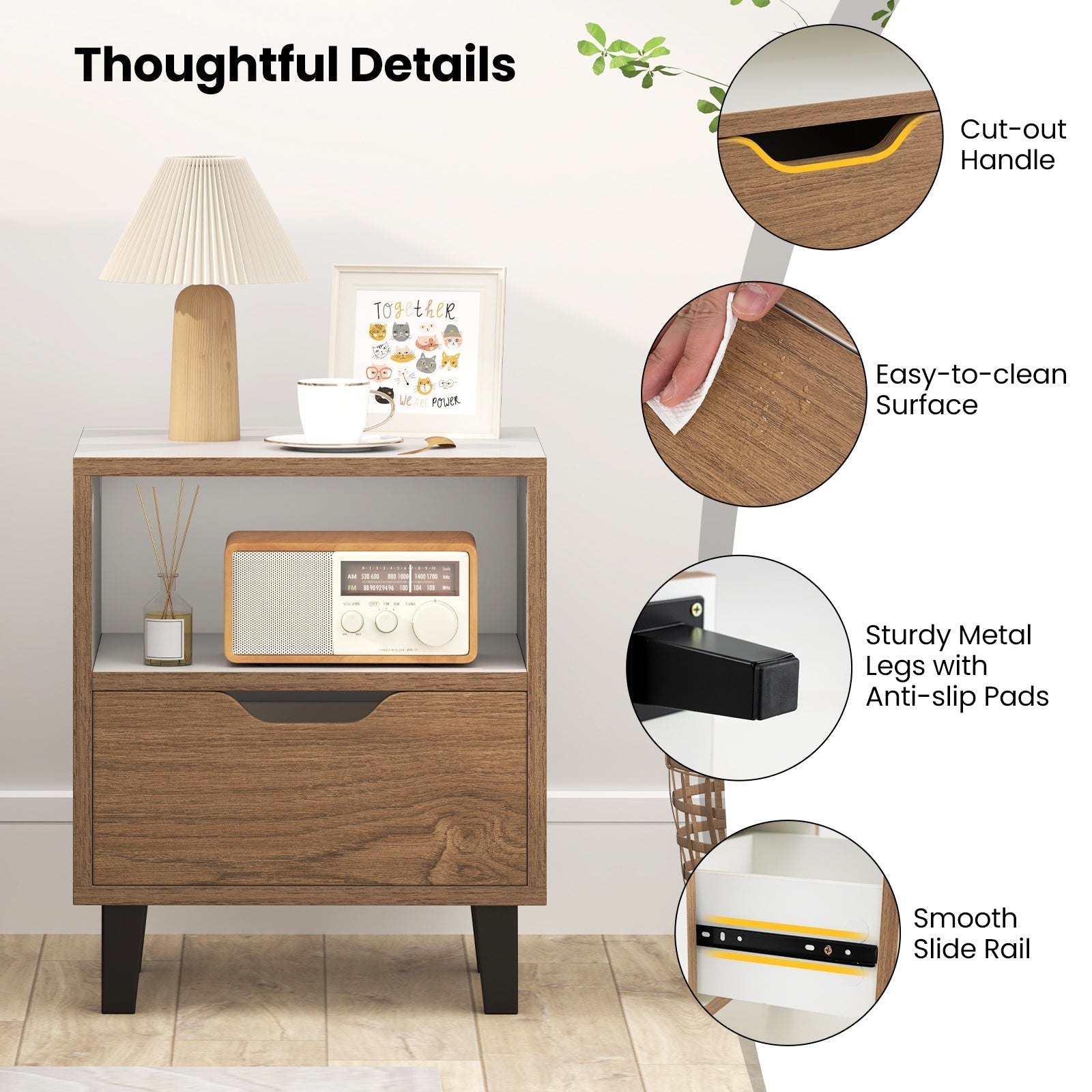 Nightstand with Drawer and Open Storage Shelf for Bedroom-White