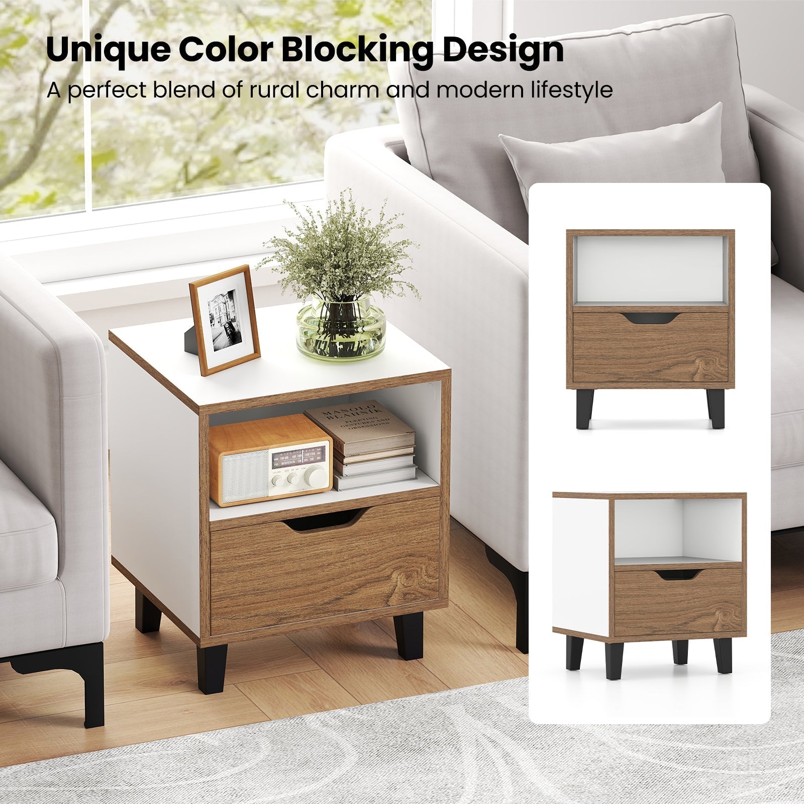 Nightstand with Drawer and Open Storage Shelf for Bedroom-White