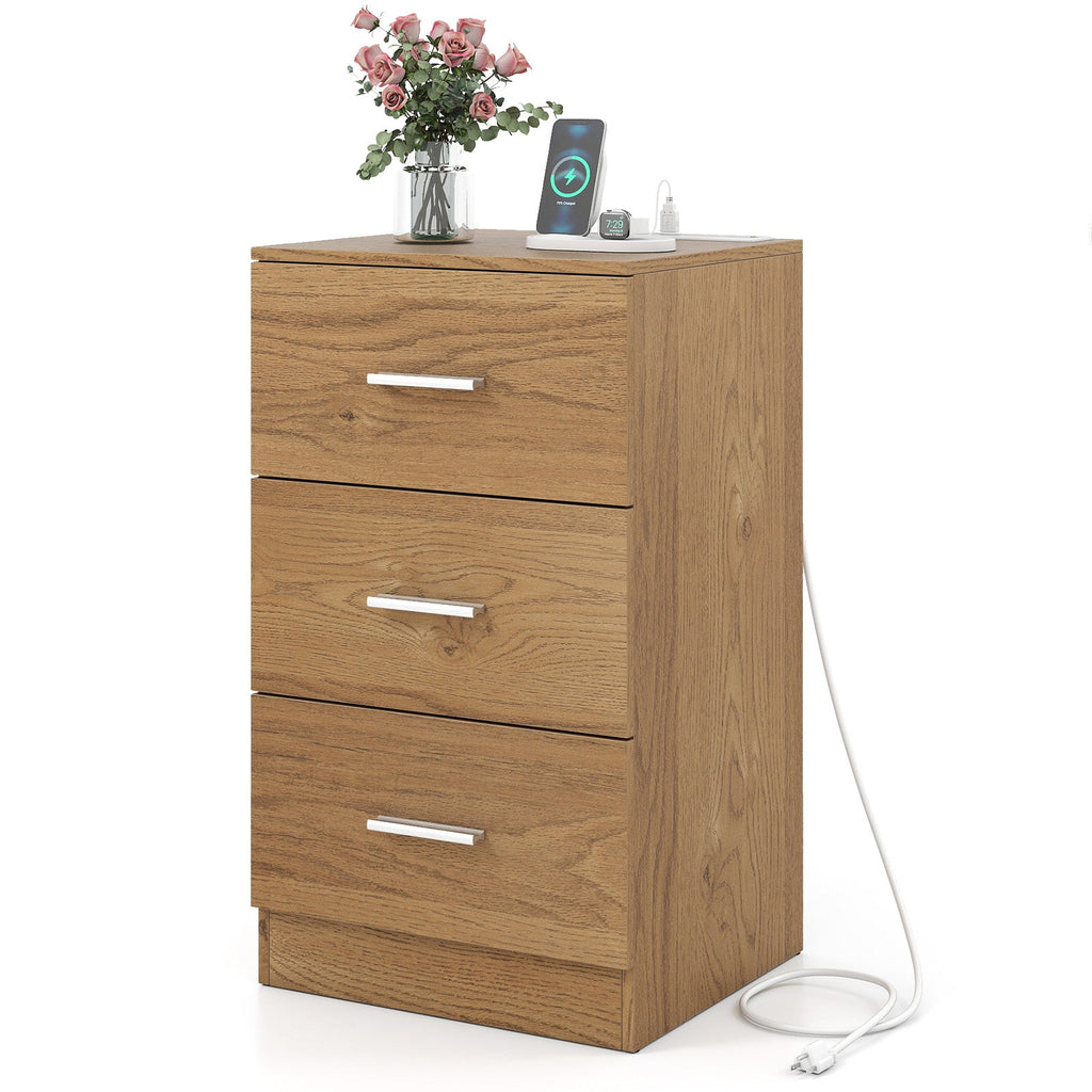 Nightstand with Charging Station End Table with 3 Storage Drawers Bedside Table for Bedroom