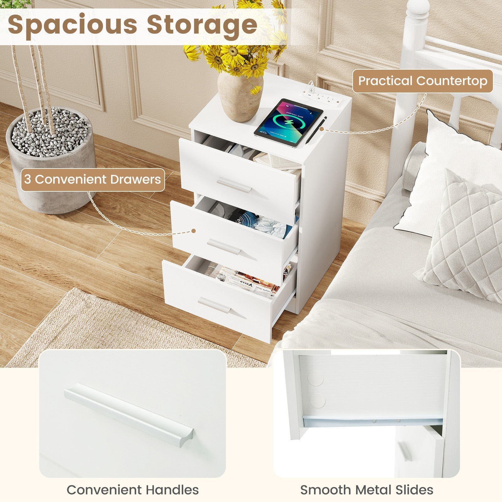 Nightstand with Charging Station End Table with 3 Storage Drawers Bedside Table for Bedroom