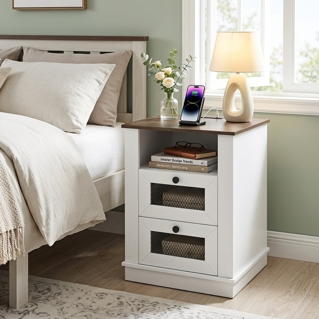 Nightstand with Charging Station and 2 Drawers Rustic Brown