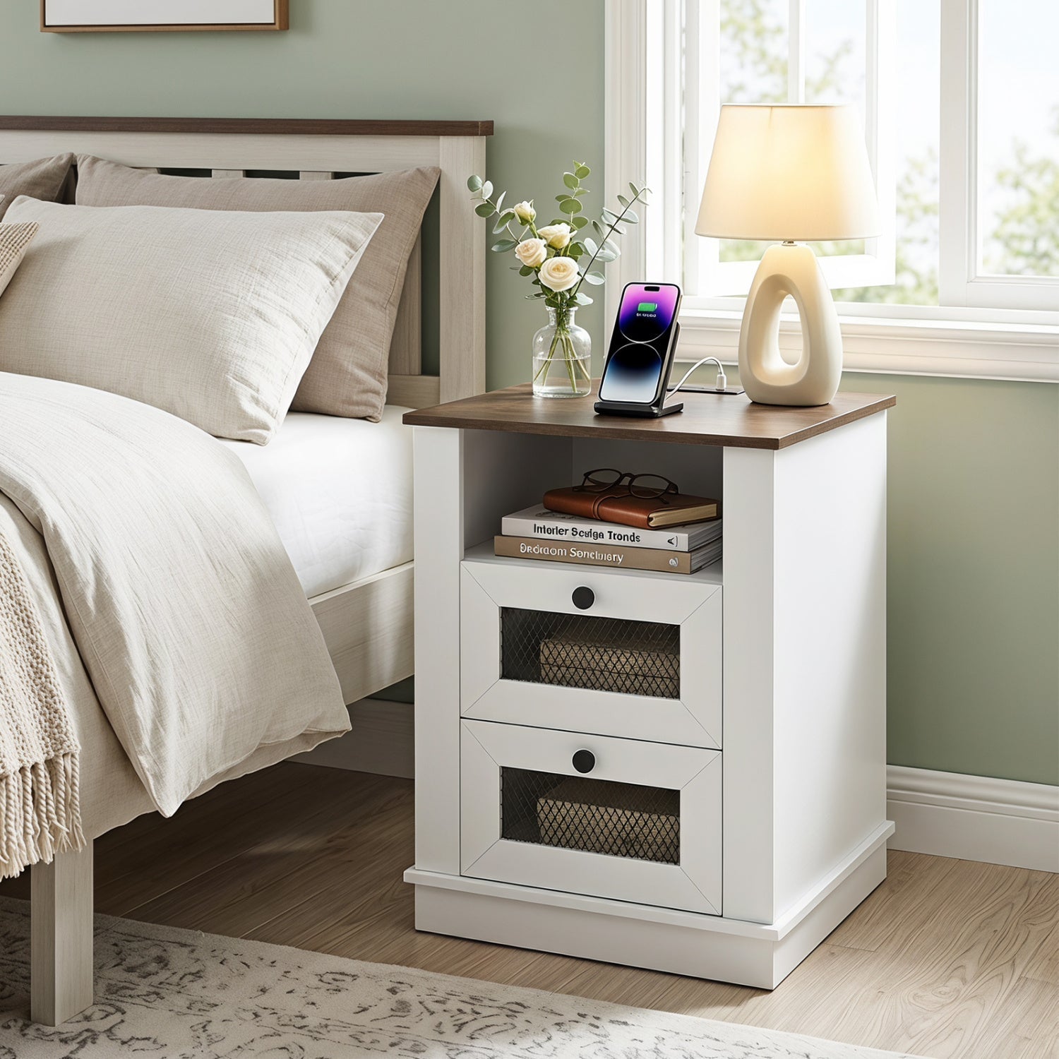 Nightstand with Charging Station and 2 Drawers Rustic Brown