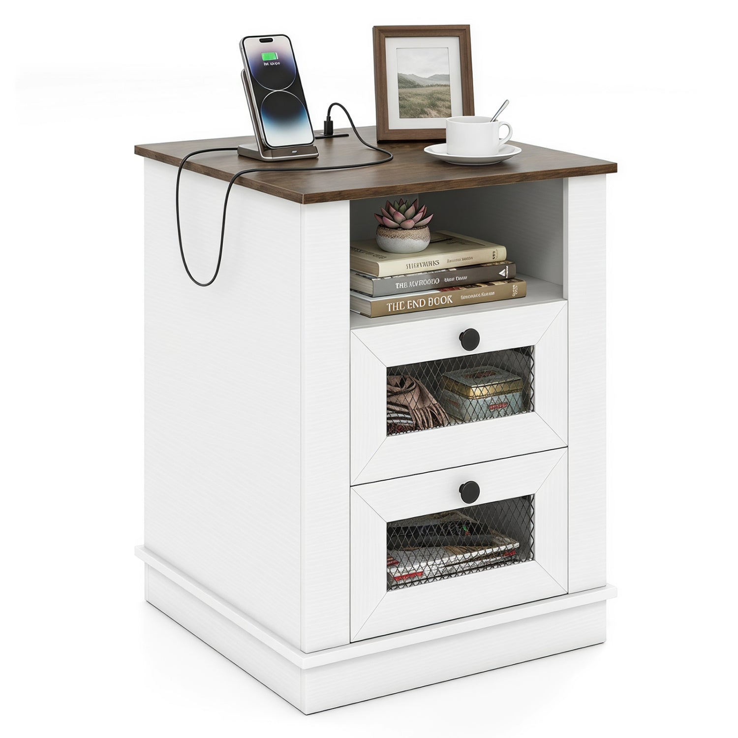 Nightstand with Charging Station and 2 Drawers Rustic Brown