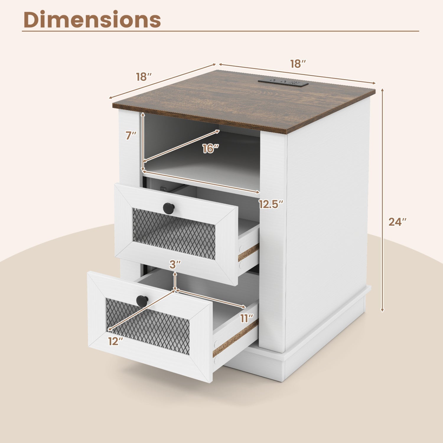 Nightstand with Charging Station and 2 Drawers Rustic Brown