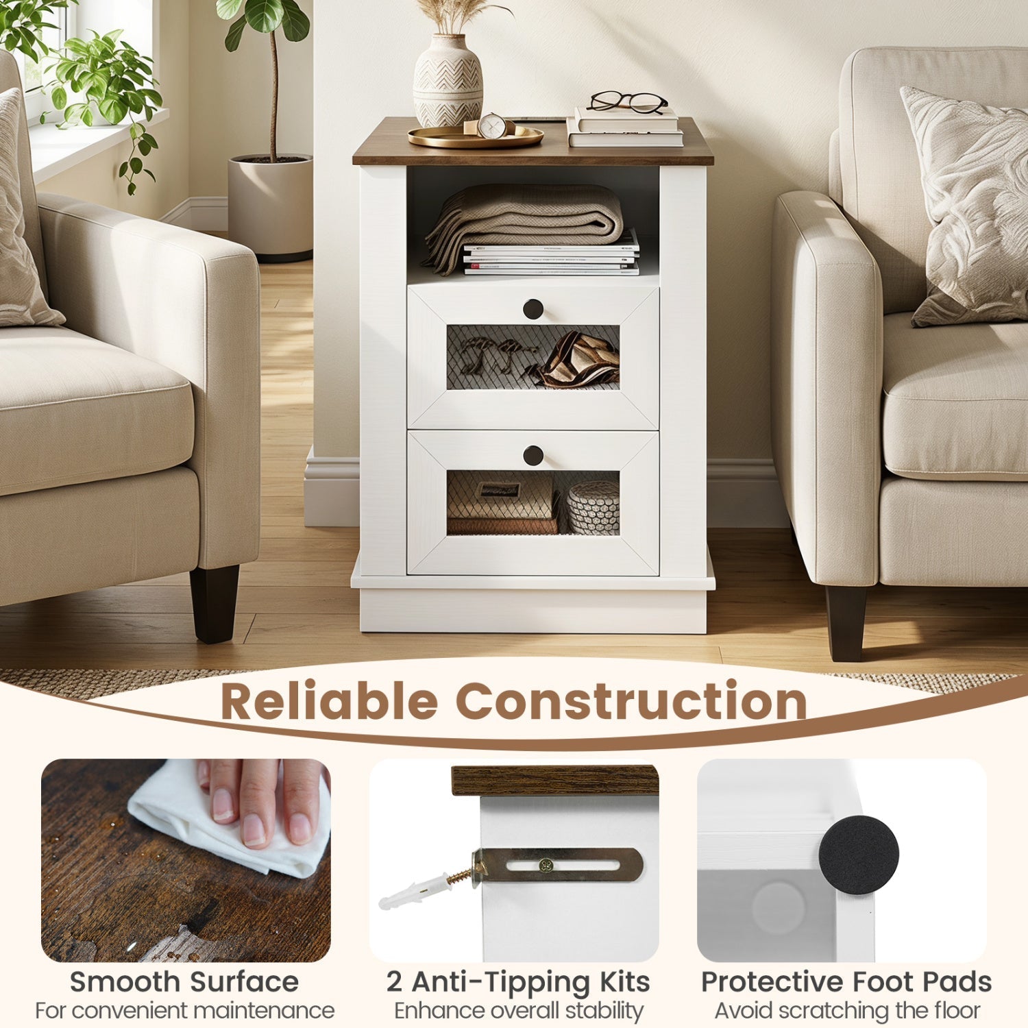 Nightstand with Charging Station and 2 Drawers Rustic Brown