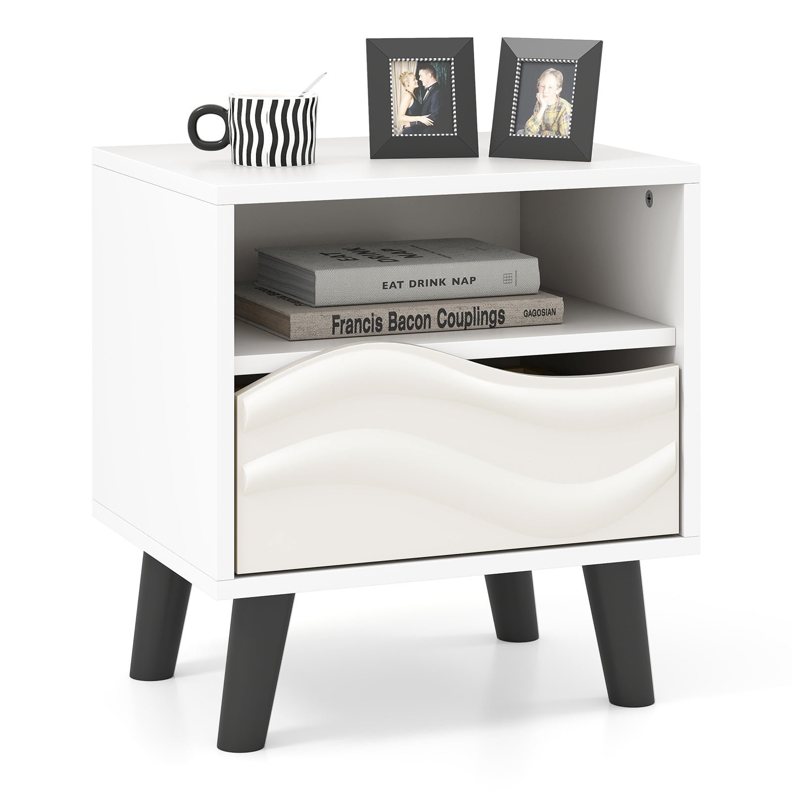 Nightstand Mid Century Modern Bedside Table with 3D Wavy Pattern and Open Shelf-White