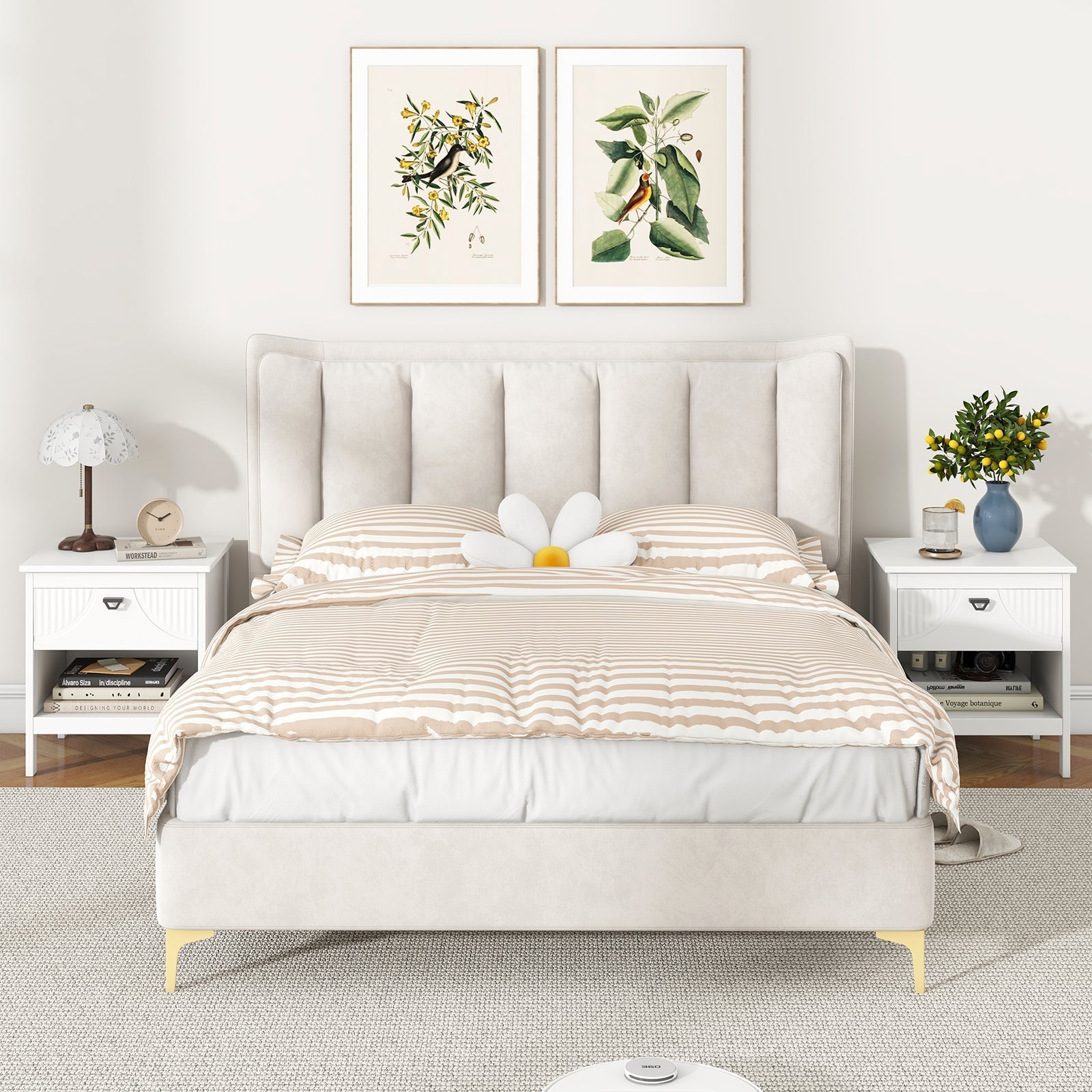 2-tier Wood Nightstand with Drawer and Open Storage Shelf for Bedroom-White
