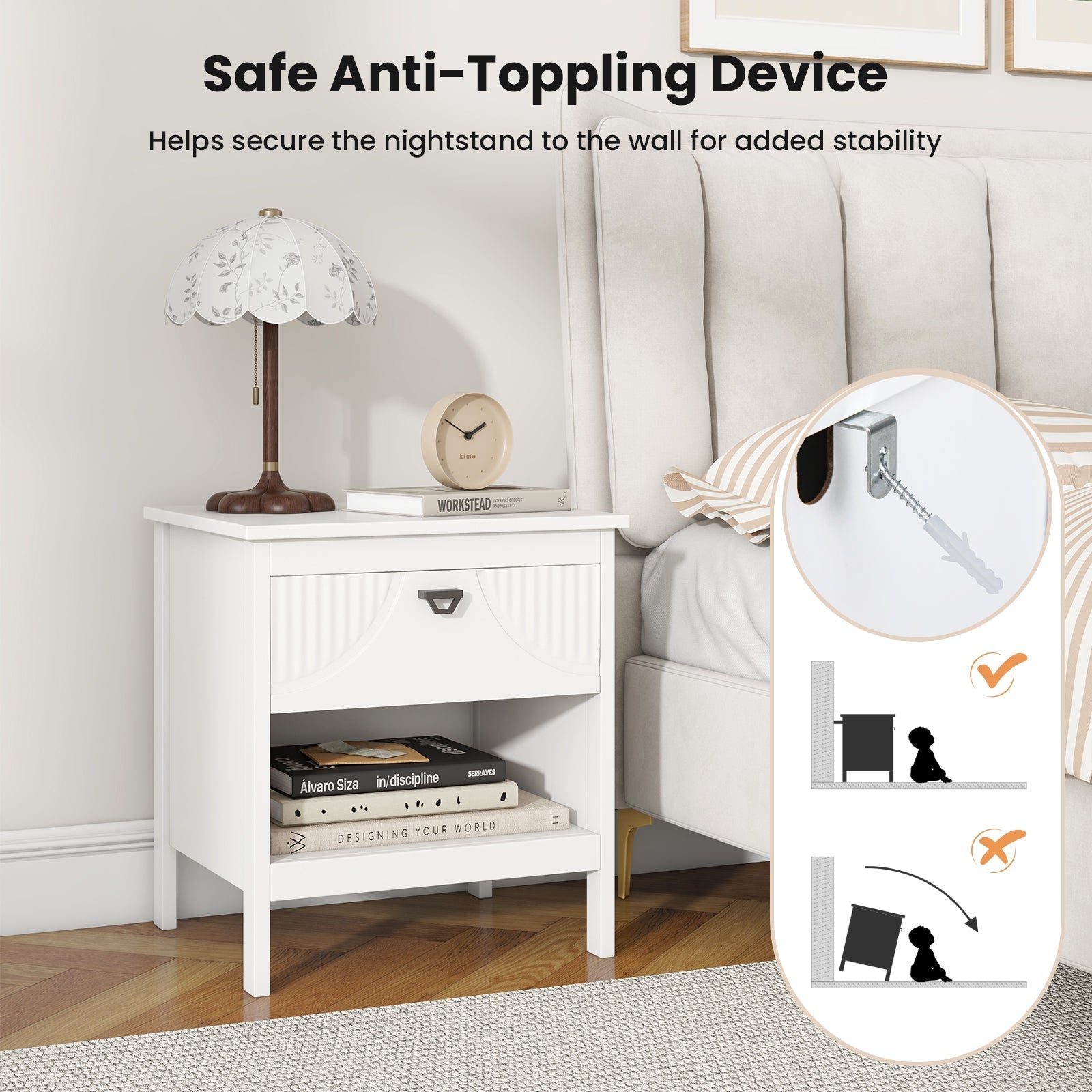 2-tier Wood Nightstand with Drawer and Open Storage Shelf for Bedroom-White