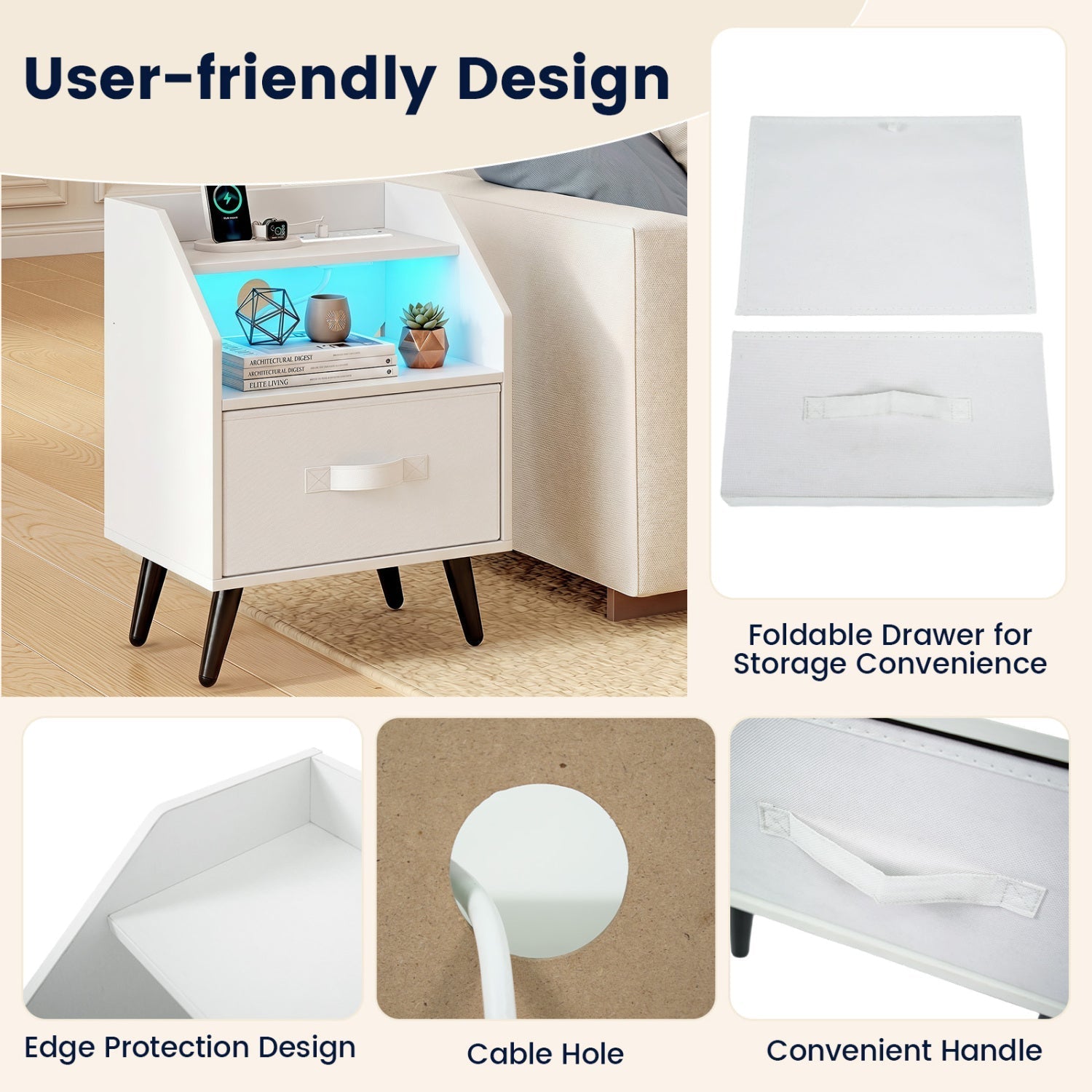 Nightstand with Power Outlets and LED Lighting