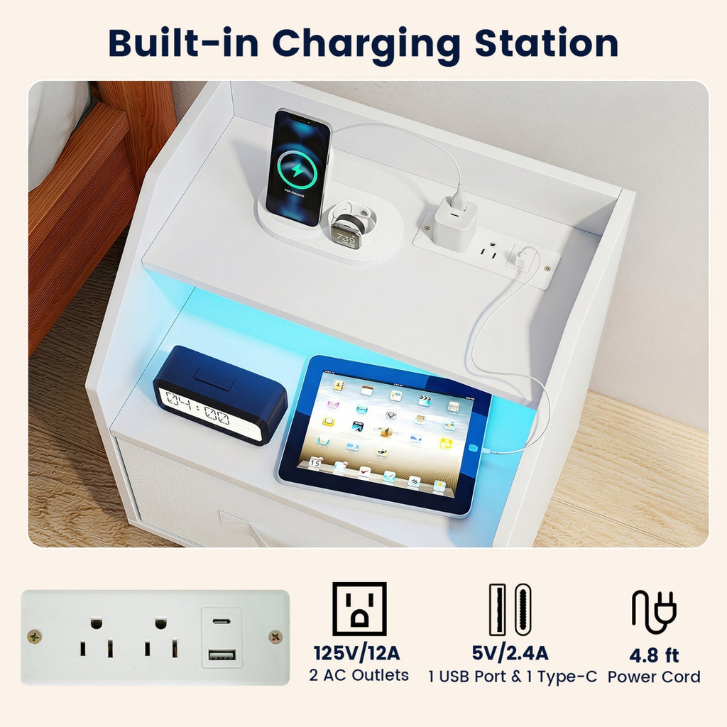 Nightstand with Power Outlets and LED Lighting